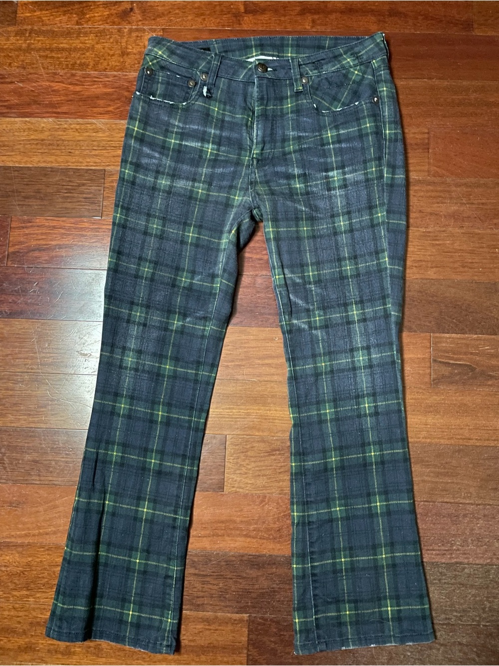 R13 Navy and Green Plaid Wide-Leg Jeans